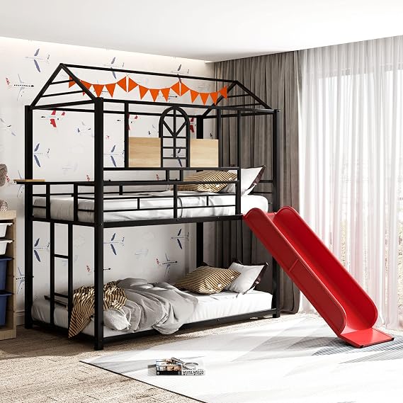 Harper & Bright Designs Bunk Bed Twin Over Twin, House Bunk Bed with Slide and Ladder, Junior Metal Floor Bunkbed with Roof & Window, Bunk Bed Frame for Kids Boys Girls, No Box Spring Needed, Red