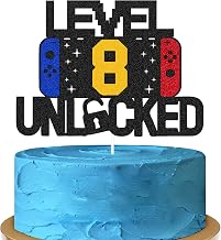 Level 8th Unlocked Sign Cake Topper Happy 8th Birthday Level Up Tenth Cake Decorations for Video Game Controller Themed Boy Girl Bday Party Supplies Double Sided