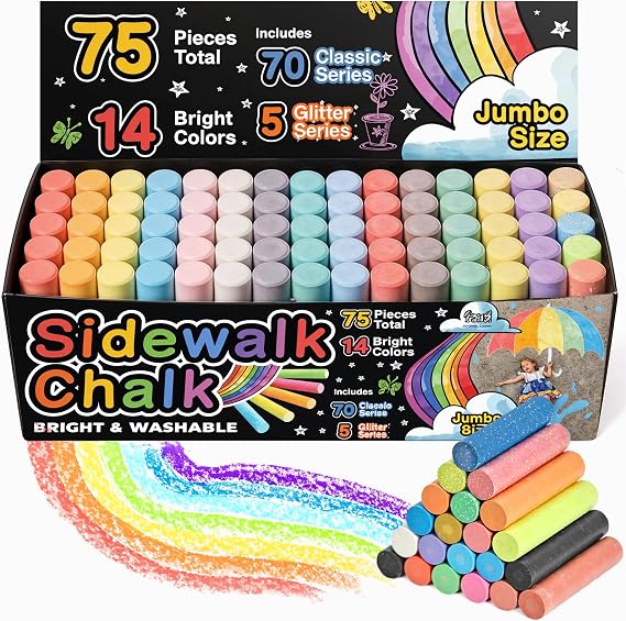 75 PCS Sidewalk Chalk for Kids - 14 Colors, 5 Glitter, Non-Toxic Washable