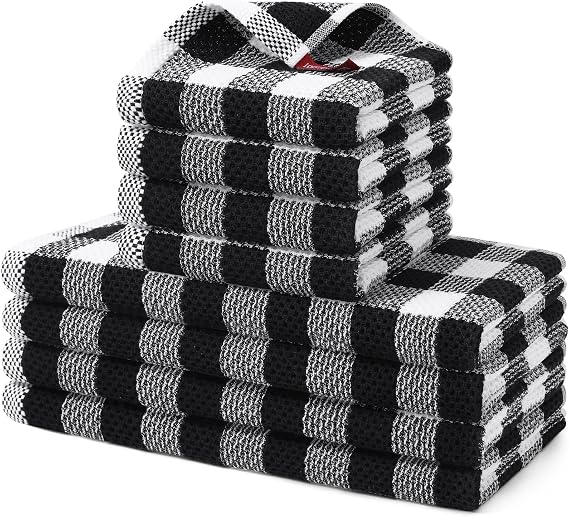 homing Buffalo Plaid Kitchen Towels and Dishcloths Set, 8 Pack, Black White
