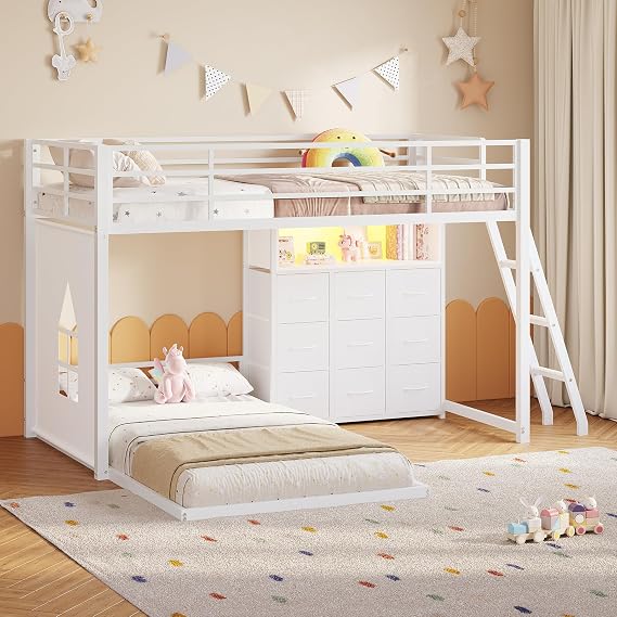 Hasuit Low Bunk Bed Twin Over Twin with 9 Storage Drawers, L-Shaped Twin Bunk Beds with LED Lights & Play Area, Heavy-Duty Metal Low Bunk Bed for Kids/Teens, 13.4'' Safety Guardrail & Ladder, White