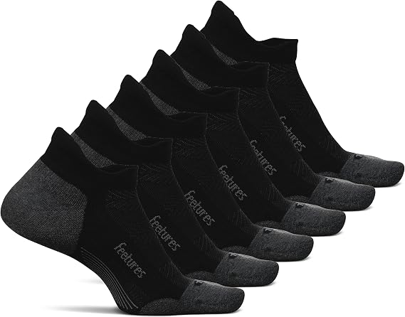 Feetures Elite Max Cushion No Show Tab Athletic Socks - Running Sock with Targeted Compression - Large, New Black (6 Pack)