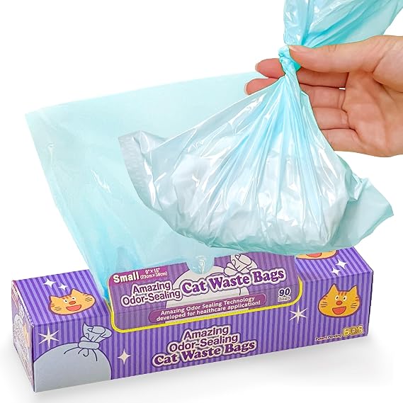 BOS Amazing Odor Sealing Cat Waste Bags - Durable and Unscented [Size: S, Color: light blue] (90 count, Pack of 1) (90 Bags)May be too small to get a litter scoop inside!