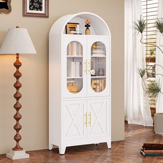 GAIOUS 73" Tall Metal Arched Kitchen Pantry Cabinet, Modern Farmhouse Storage Cabinets with Doors&Adjustable Shelves, Versatile Bookcase/Display/Cupboard with Open Storage Area for Office-White