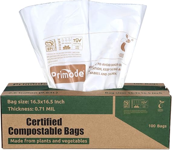 Compostable Bags, 2.6 Gallon Food Scraps Yard Waste Bags, 100 Count, Extra Thick 0.71 Mil. ASTMD6400 Compost Bags Small Kitchen Trash Bags, Certified By BPI And TUV AUSTRIA
