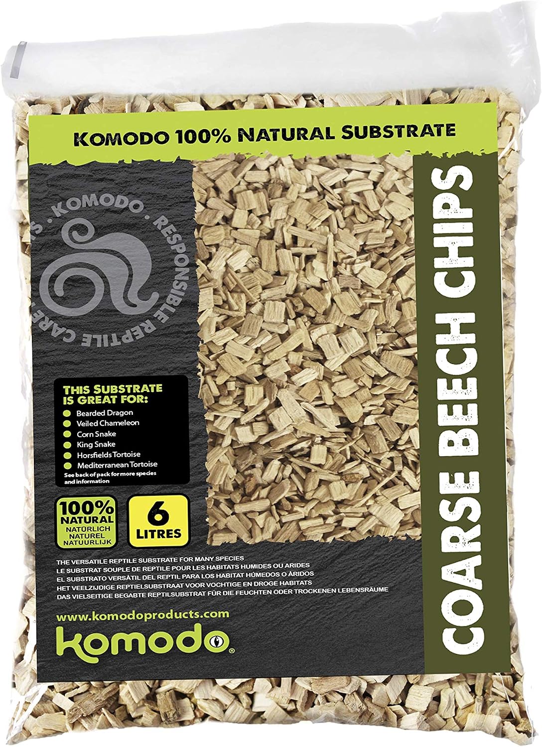 Komodo Coarse Beech Chips Substrate for Reptile Cage Vivarium Habitat Premium Natural Non Toxic Durable Long Lasting Moisture Control Bedding - 6L