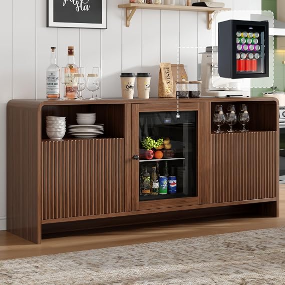 LUXOAK 60" Coffee Bar Cabinet with Beverage Fridge (Included), Walnut