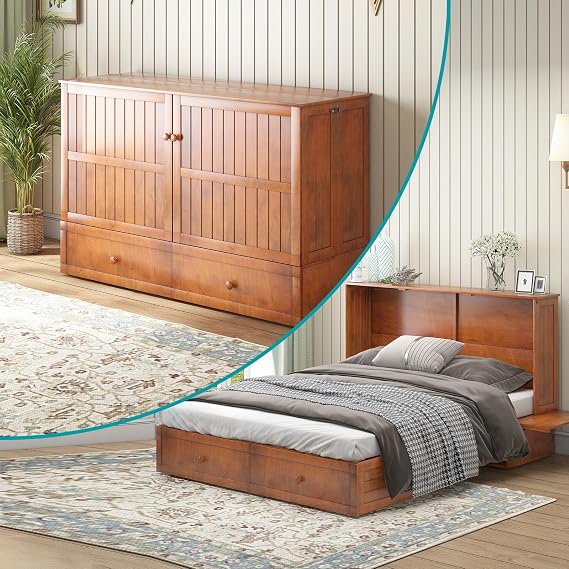 BALUS Murphy Bed Cabinet, Murphy Bed with USB Charging Station, Modern Foldable Chest Cabinet Wall Beds with 2 Large Storage Drawers for Living Room Bedroom(Cherry)