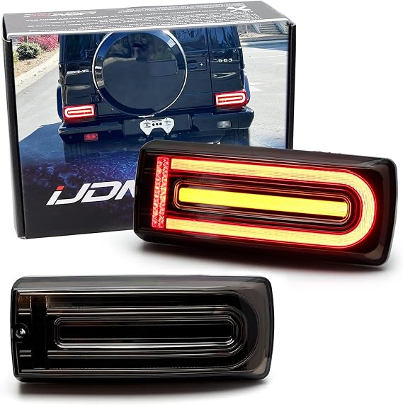 iJDMTOY Black-Out Smoked Lens Low Profile All-New 2019 G-Class Deisgn Full LED Sequential Blink Tail Lights Compatible With 1999-18 Mercedes W463 G-Class G500 G550 G55 G63 AMG