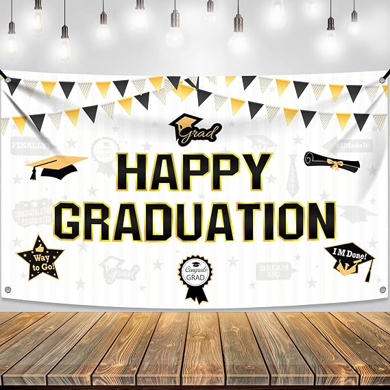 KatchOn, Happy Graduation Banner 2024-72x44 Inch, Graduation Backdrop 2024 for Black and White Graduation Party Decorations 2024 | Class of 2024 Graduation Decorations | Graduation Yard Sign 2024