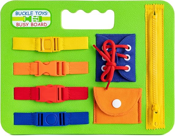 Buckle Toys Busy Board - Montessori Learning Toy for Toddlers Road Trip Essentials - Foam Sensory Board - Develop Fine Motor Skills - Green