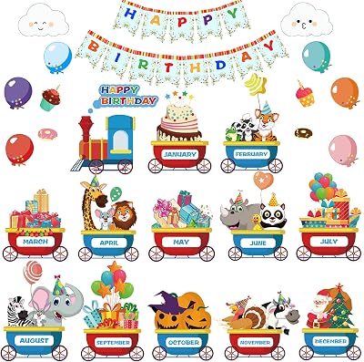 DRWATE 45 Pieces Happy Birthday Bulletin Board Set Fun Unique Animal Birthday Wall Classroom Decorations Bulletin Board Decor Multicolor