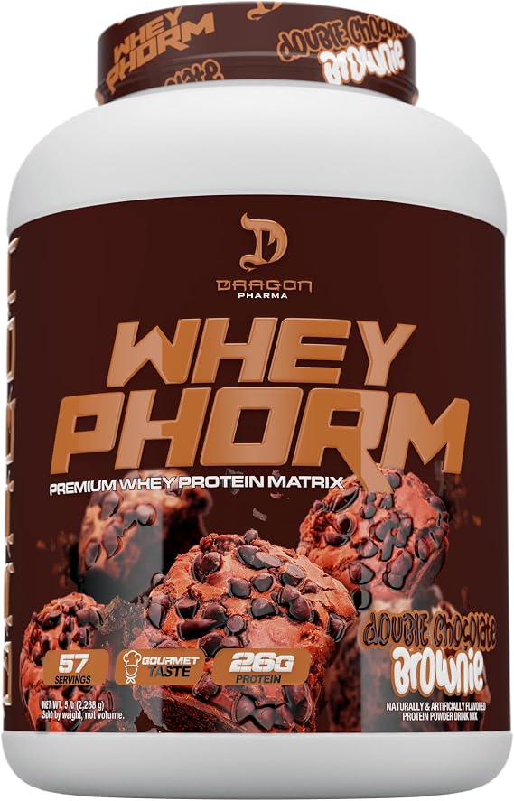 DRAGON PHARMA WheyPhorm, Whey Protein Blend, Fast Absorption, Gluten Free, Premium Whey Protein Matrix, Maximize Recovery, Great Tasting, 25 Grams of Protein (5lb, Double Chocolate Brownie)