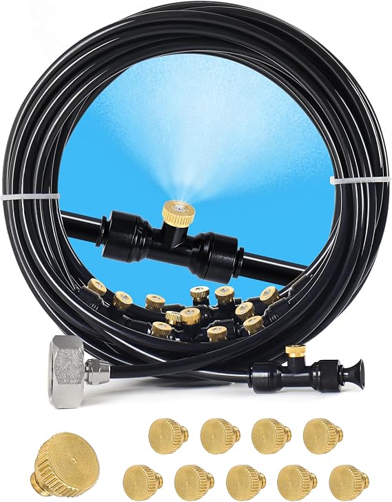 Bonviee 100FT Outdoor Misting Cooling System with 28 Brass Nozzles & 10 Brass Nozzle Plugs, DIY Patio Mister Kit with 3/4 Adapter for Garden, Greenhouse Customizable Water-Saving Mist System