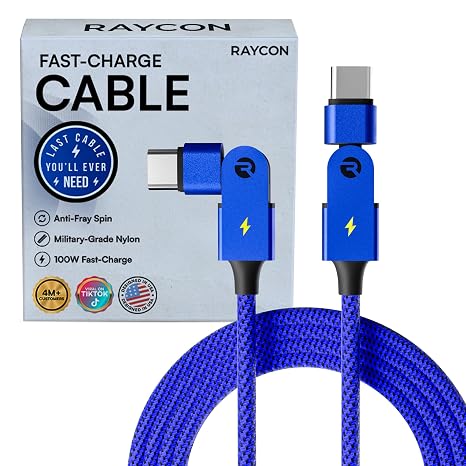 Raycon Magic Spin Cable - USB C to USB C Cable 100W Fast Charging, Type C Charger Fast Charging Cord for iPhone 17/16/15, Samsung, Android, Tangle-Free, Braided Nylon USBC to USBC Cable (Blue, 10ft)