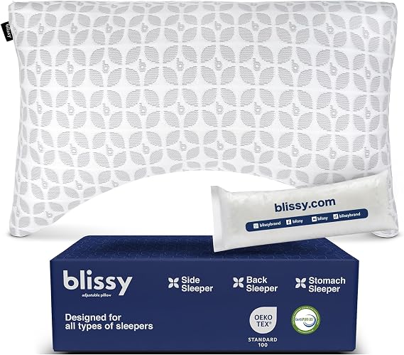 BLISSY Adjustable Memory Foam Pillow for Sleeping (Queen Size) - Cooling Gel Pillows for Side Sleepers with Shredded Foam for Customizable Loft - CertiPUR-US & Oeko-TEX