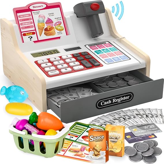 maysida Children's cash register wooden cash register with scanner and sound for children 3-5 years toy cash register with scanner / play money / coins / debit card / shopping basket / accessories shop accessories idea