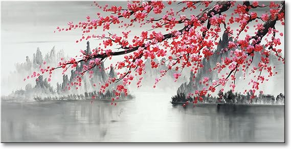 Handmade Traditional Chinese Oil Painting Pink Plum Blossom Canvas Wall Art Modern Black and White Landscape Artwork