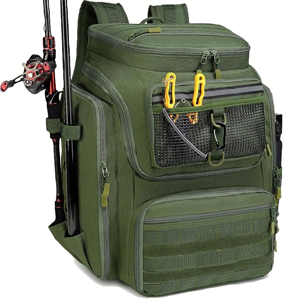 Fishing Backpack with Rod Holders 45L Large Fishing Bag Water Resistant Fishing Gear Backpack for Fishing Hiking Camping Trekking 900D Nylon wasserabweisend Angelausrüstung Rucksack für Spinnfischen Wandern Camping