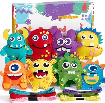 TUZT My First Sewing Kit for Kids - Monster Sewing Craft Kit for Beginners with 12 Pre-Cut Monster Plush Toys, Scissor, Plastic Needles & Thread, DIY Felt Crafts Project for Girls & Boys Ages 4-12