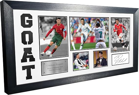 Cristiano Ronaldo GOAT Black or White Mount Real Madrid Manchester United Juventus Portugal Signed Autographed Photo Photograph Picture Frame Football Soccer Poster Gift (Off White Mount)