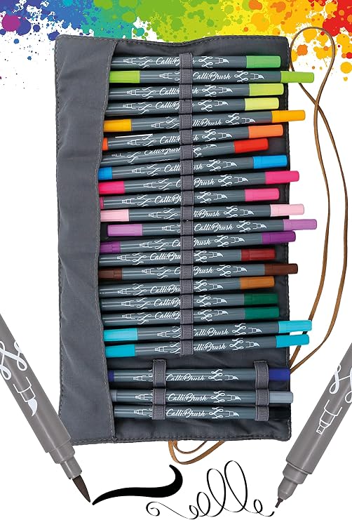 Online Calli.Brush Handlettering Brush-Pens | Set of 24 brush pens | Calligraphy kit in roll pouch | Calligraphy tip & brush tip for Bullet Journal, Hand Lettering | Water colours | Aquarell pens
