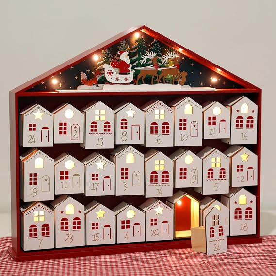 Extra-Large Wooden Advent Calendar 2025 with LED Lights, Christmas Countdown Calendar, House-Shaped Drawers for Kids and Adults, Reusable Holiday Decoration, 24-Day Xmas Countdown Box
