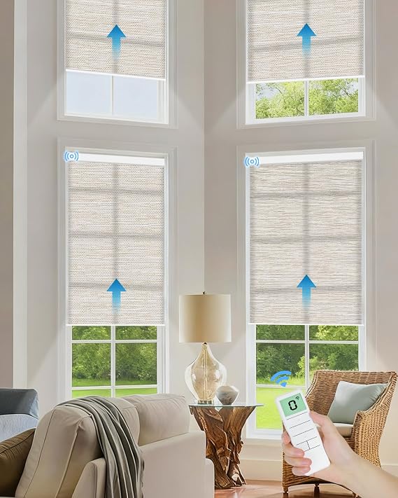 Tokblind Motorized Light Filtering Roller Shades with Remote Control, Smart Blinds for Windows Work with Alexa Google via Hub, Rechargeable Electric Window Shade Customized Size (Texture Light Coffee)
