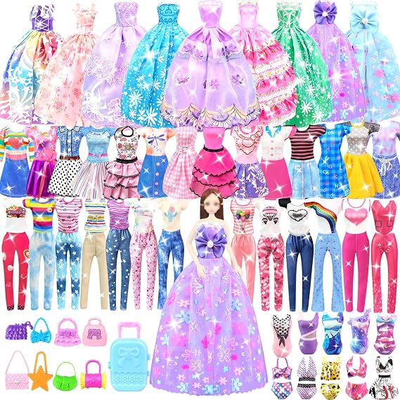 Doll Clothes and Accessories for 11.5 Inch Doll Dress up Set with Princess Gowns Fashion Dresses Outfits Tops and Pants Bags Gift Toys for Girls Age 3+ Christmas Birthday