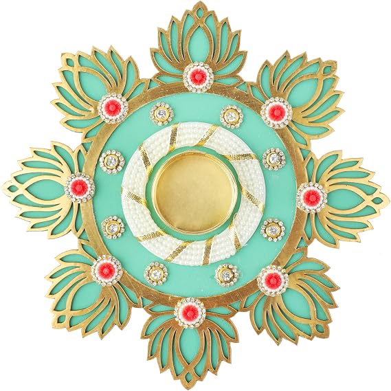 Lotus Rangoli with T-Light Tlight Holder Tea Light Candle Table top Center for Floor Stand for Traditional Festival Decoration Decor Gifts Gifting Idea for House Warming Return Gifts(Size:-8")(Green)