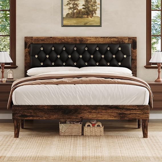 BarnFurin Queen Size Bed Frame with Diamond Headboard, Walnut | BarnFurin Wooden Platform Bed Frame with Diamond Design, Vintage Style, No Box Spring Needed, Easy Assembly