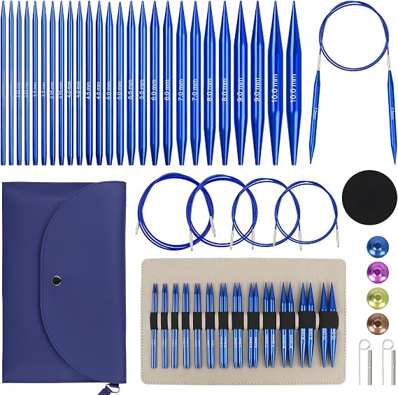 Reessy Circular Knitting Needles, Interchangeable Circular Knitting Needles Set with Case & Accessories, 13 Pair of Round Knitting Needle 3mm-10mm, Circular Knitting Kit for Beginners Adults-Blue