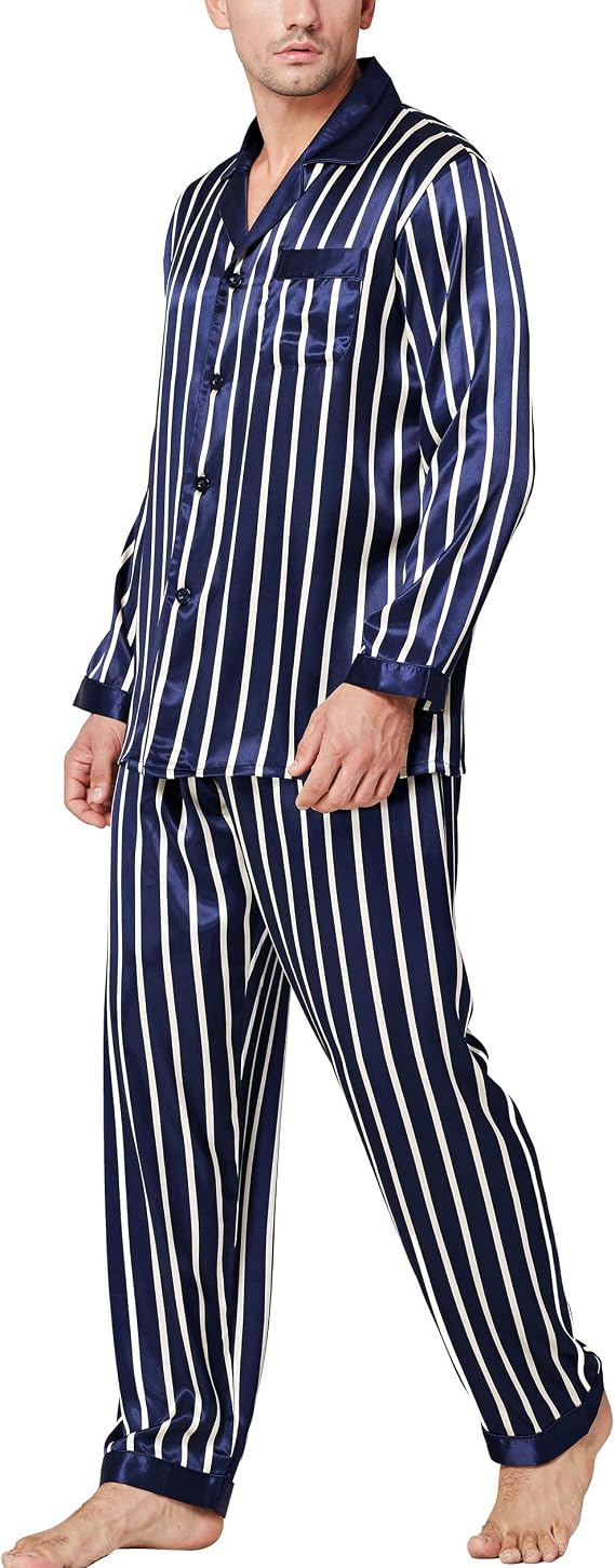 Lonxu Pajamas Set Mens Silk Satin Pajamas Long Sleeve Loungewear Two-Piece Sleepwear Button-Down Pj Set S-XL