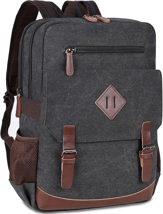 CROCOD Canvas Laptop Backpack 15.6 Inch, Vintage Travel Rucksack for Men Women,Computer Bag for Work Business College (Black-Upgrade)