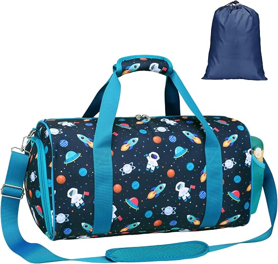Bagseri Boys Duffle Bag for Travel - Kids Gym Bag with Shoe Compartment | Dry Wet Pockets, Sports, Gymnastics, Sleepover, Camping and Weekend Tote Bag with Adjustable Strap, Blue Space Astronaut