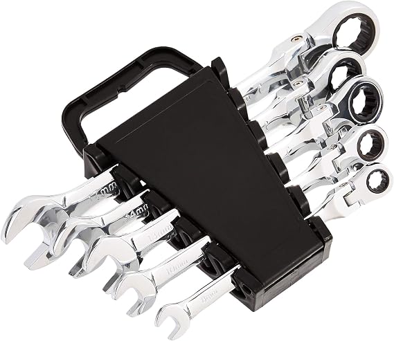 Amazon Basics 72-Tooth Ratcheting Combination Wrench Set, Chrome Vanadium Steel Flex Head, 5-Piece Metric, 180 Flexible