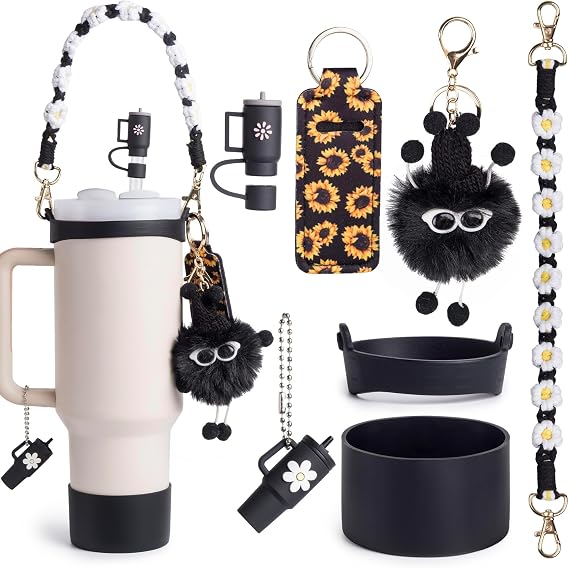 Accessories Set for Stanley Cup - 7pc Set for 30/40 oz Cup, Including Silicone Cup Boot, Water Bottle Strap, Cup Ring, Straw Cover, Water Cup Decoration,Lipstick Holder and Plush Ball Hanger