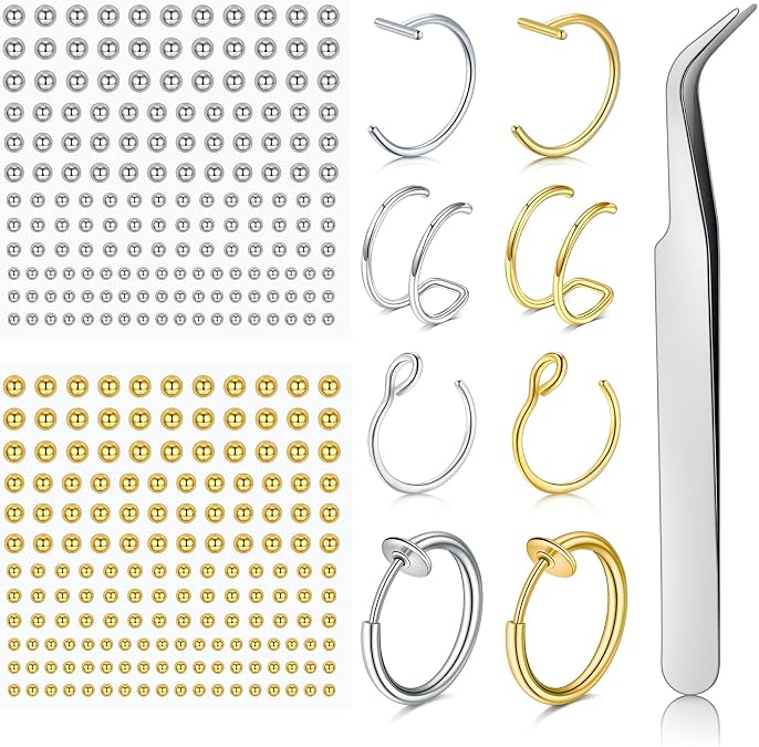 JFORYOU Fake Eyebrow Ring Fake Lip Labret Studs Replacement Balls Spike with 100pcs Sticker Non-Piercing Body Jewelry Fake Skin Piercing