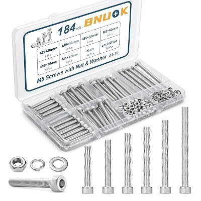 184 PCS M5 Screws Assortment Kit, 304 Stainless Steel M5 Bolts Kit, M5x 303540455060mm, Hex Socket Head Cap Screws Bolts Nuts Washers Set