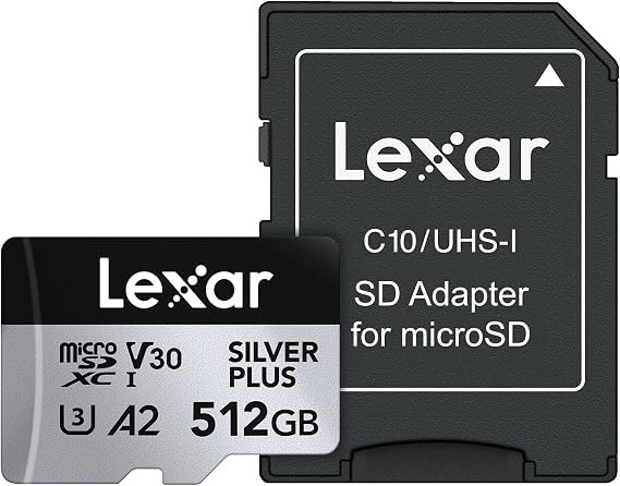 Lexar 512 GB Profesyonel Silver Plus microSDXC Hafıza Kartı w/SD Adaptör, UHS-I, C10, U3, V30, Full-HD ve 4K Video, 205/150 MB/s'ye kadar Okuma/Yazma, Videografçılar, Oyuncular (LMSSIPL512G-BNANU)