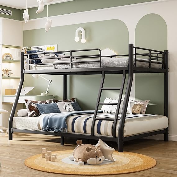 Twin Over Twin Metal Bunk Bed with Trundle Heavy Duty Twin Size Metal Bunk Beds Frame with 2 Side Ladders Convertible Bunkbed with Safety Guard Rails,No Box Spring Needed (Twin Over Full Black)