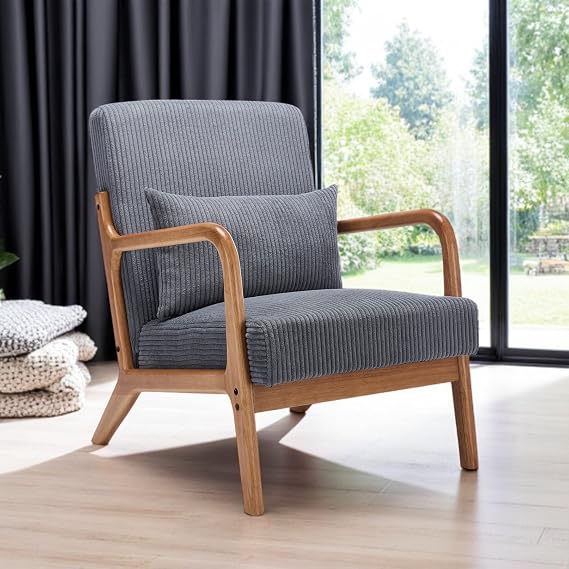 Mid-Century Modern Accent Chair, Arm Chair Living Room Chairs with Pillow Upholstered Reading Chair with Solid Wood Frame & Corduroy Fabrics for Living Room Bedroom Balcony (Corduroy, Dark Grey)
