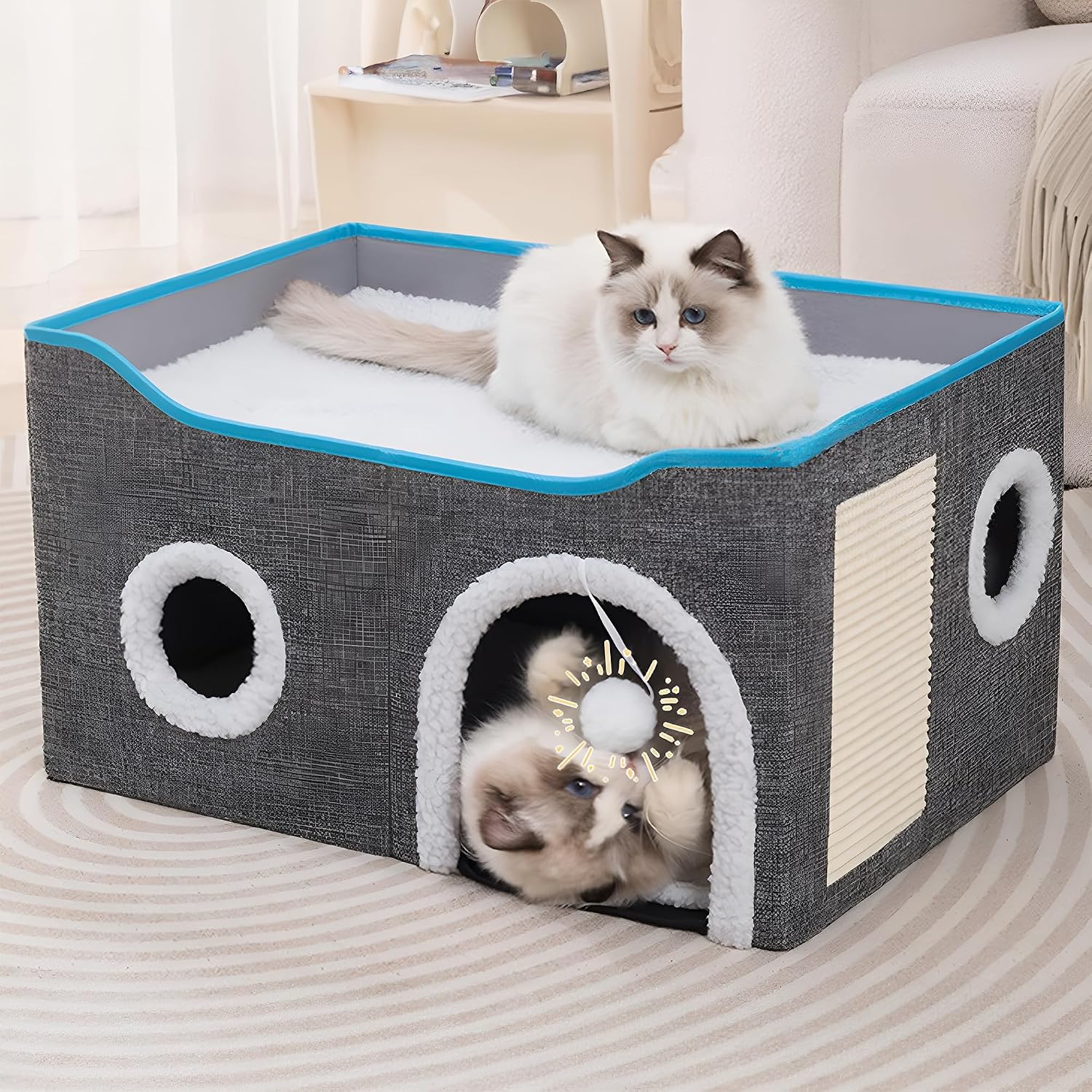Loyareal Cat Houses for Indoor Cats - Large Cat Bed Cave with Scratch Pad and Fluffy Ball, Foldable Cat Condo Hideaway with Reversible Cushion for Multi Small Pet, Light Grey