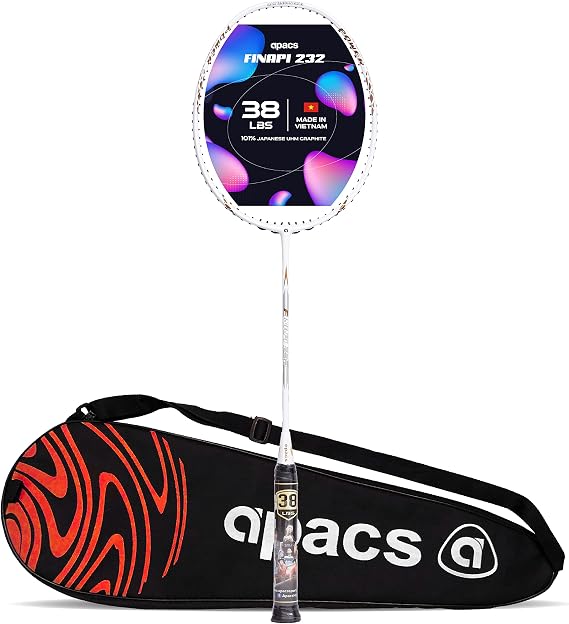Apacs Finapi 232 (38 LBS, Made in Vietnam) 100% Japanese Graphite, High Modulus, High Power Unstrung Badminton Racket with Full Cover (White)