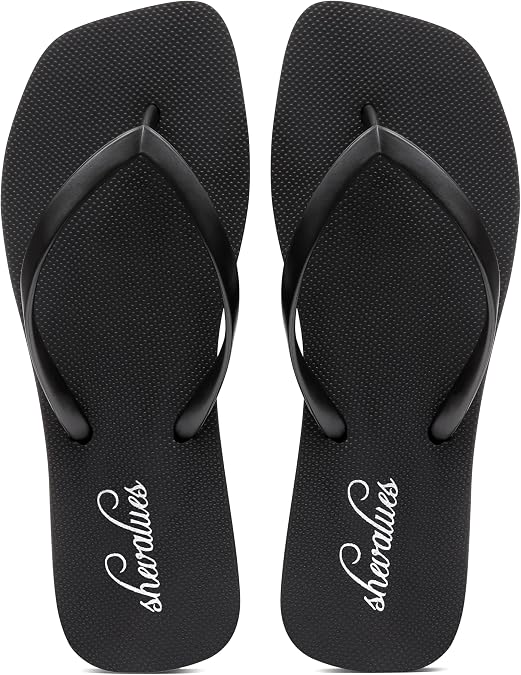 shevalues Slim Square Toe Flip Flops for Women with Comfortable Yoga Mat | Lightweight Non Slip Rubber Sandals for Beach, Shower, Pool & Summer Casual Wear