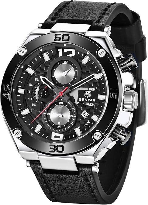 BENYAR Mens Watches Chronograph Date Waterproof Sports Watches Leather Strap Business Wrist Watches