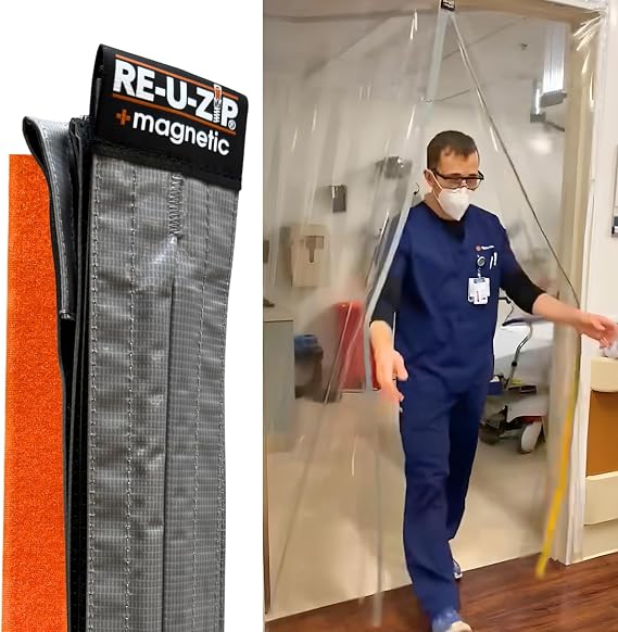 RE-U-ZIP Self-Closing Ultra-Clear Magnetic Dust Barrier Entry Strip Door Kit, Negative-Air Resistant and Reliable for Cleanrooms, Construction, Remodeling, Standard 6 Mil FR Vinyl (3.4 x 7.2 ft)