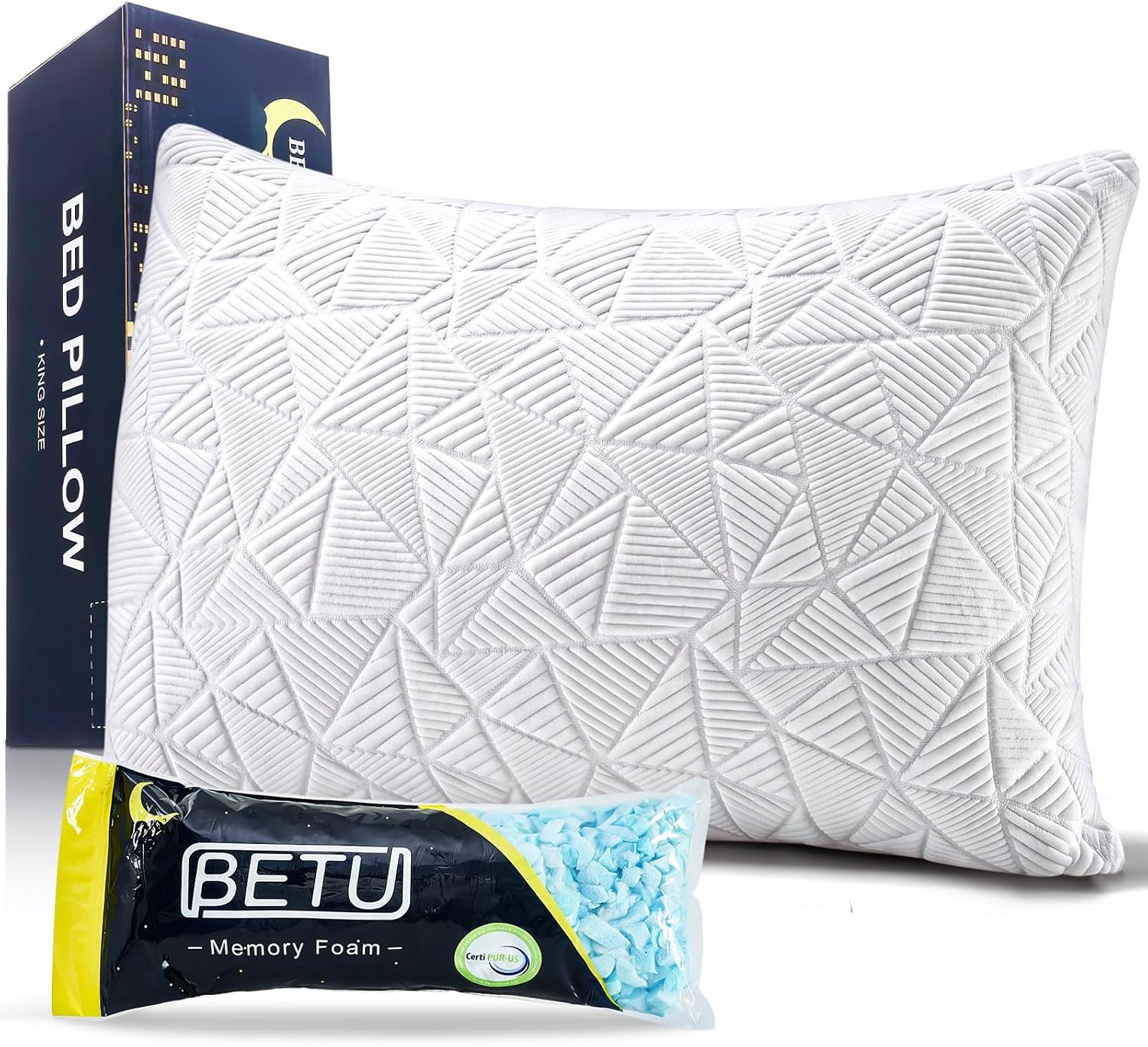 BETU Pillows - Cooling Pillow with Adjustable Loft - Shredded Memory Foam Pillow Perfect for Stomach, Back & Side Sleepers - Breathable Bamboo Bed Pillow Cover, CertiPUR-US Queen Size 1 Pack