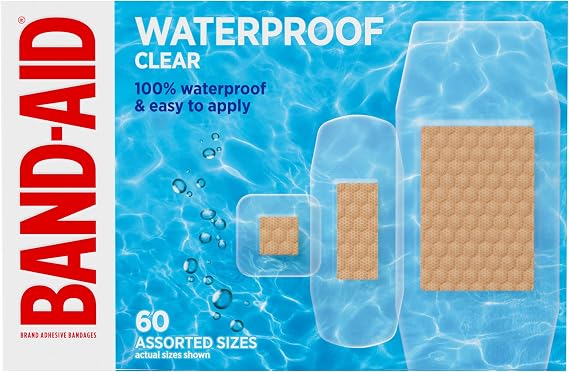 BAND-AID Brand Clear Waterproof Adhesive Bandages, Assorted Sizes, 60 Count | 100% Waterproof Protection, Sterile Wound Care for Minor Cuts, Scrapes & Burns, First Aid Kit Essential, Clear Design