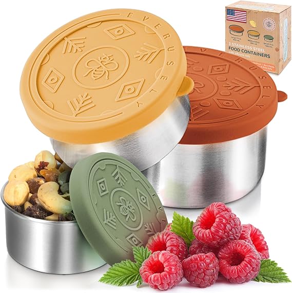 Stainless Steel Snack Containers, 3 Pack, Muted, Leakproof Silicone Lids